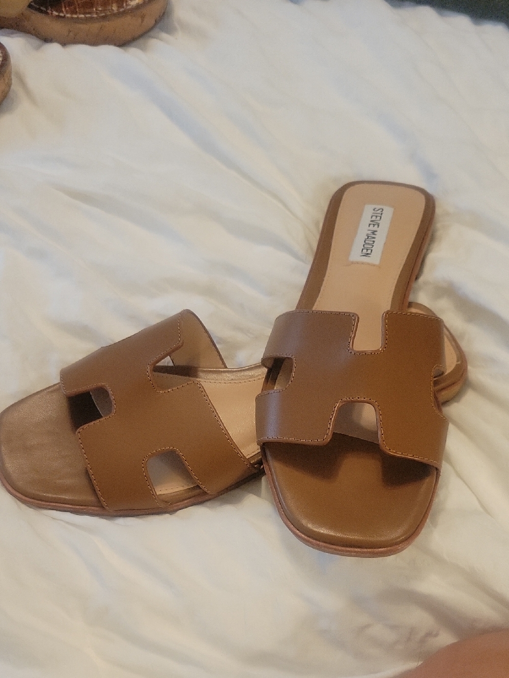 Steve Madden Brown Leather Slide Sandals - Women's Open Toe Slip-Ons